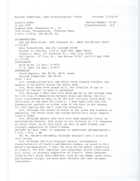 Records Committee review for a Clark's Grebe at Diamond Lake in Poweshiek County, IA on December 13, 1997. Includes a record review document with votes, photos, an Iowa Bird Life article, and five documentation forms submitted to the committee.
