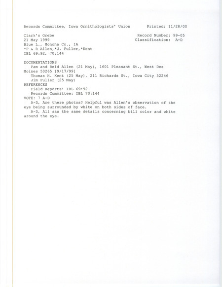 Records Committee review for a Clark's Grebe at Blue Lake in Monona County, IA on May 21, 1999. Includes a record review document with votes and three documentation forms submitted to the committee.
