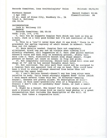 Records Committee review for Northern Gannet at Sioux City in Woodbury County, IA on April 4, 1980. Includes a record review document with votes.