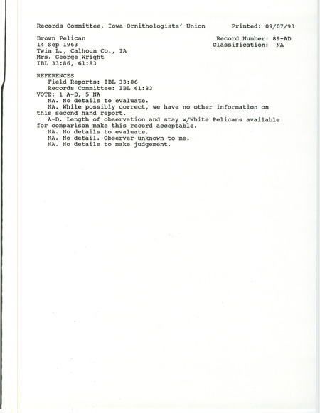 Records Committee review for a Brown Pelican at Twin Lake in Calhoun County, IA on September 14, 1963. Includes a record review document with votes and the original sighting record found in the publication Iowa Bird Life 33:86 seen by Mrs. George Wright.
