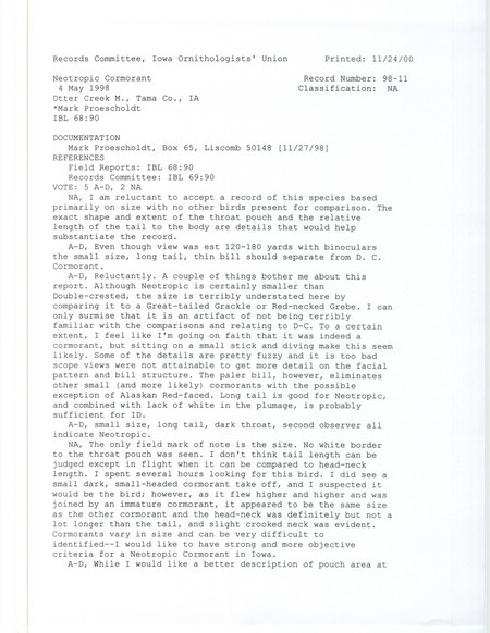 Records Committee review of a Neotropic Cormorant at Otter Creek March in Tama County, IA on May 4, 1998. Includes a record review document with votes and a documentation form submitted to the committee.