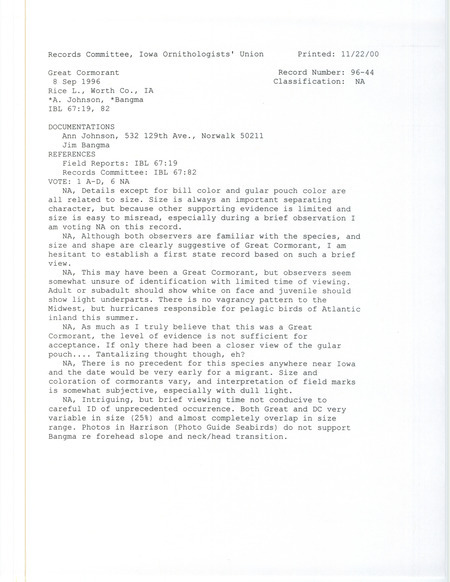 Records Committee review for a Great Cormorant at Rice Lake in Worth County, IA on September 8, 1996. Includes a record review document with votes and two documentation forms submitted to the committee.