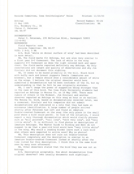 Records Committee review for an Anhinga at Oto in Woodbury County, IA on May 21, 1995. Includes a record review document with votes and a documentation forms submitted to the committee.