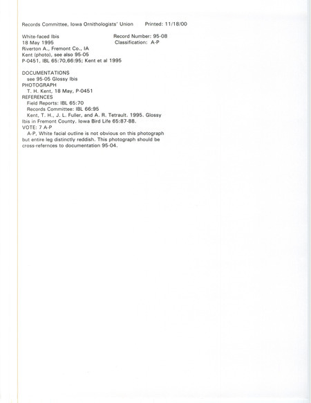 Records Committee review for a White-faced Ibis at the Riverton Wildlife Management Area in Fremont County, IA on May 18, 1995. Includes a record review document with votes and a photograph by Thomas H. Kent.