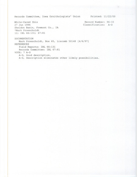 Records Committee review for twelve White-faced Ibises at Sheldon Basin in Fremont County, IA on June 27, 1996. Includes a record review document with votes and a documentation form submitted to the committee.