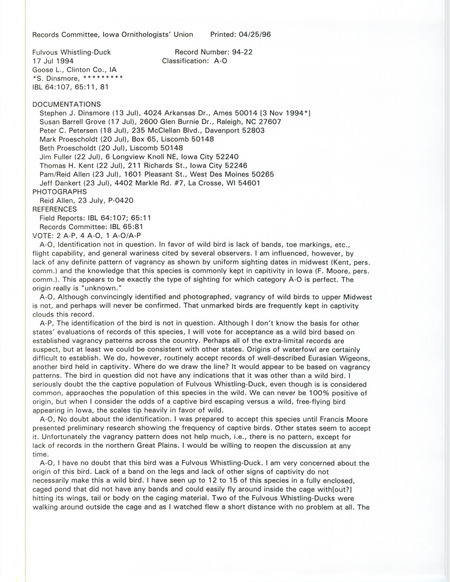 Records Committee review for a Fulvous Whistling-Duck at Goose Lake in Clinton County, IA on July 17, 1994. Includes a record review document with votes, two photos and ten documentation forms submitted to the committee.