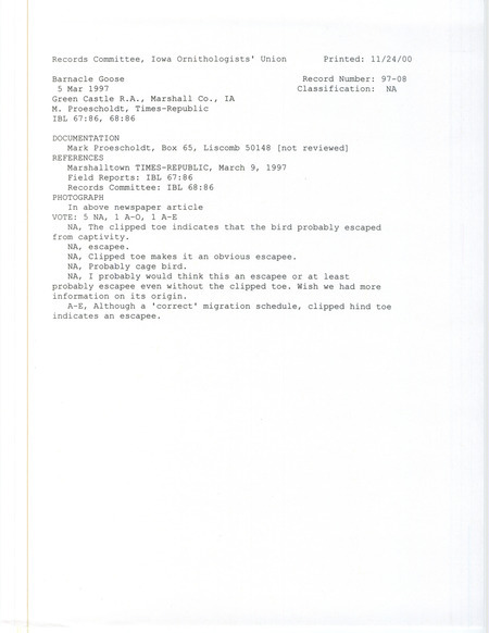 Records Committee review for a Barnacle Goose at Green Castle Recreation Area in Marshall County, IA on March 6, 1997. Includes a record review document with votes, an article in the Marshalltown Times-Republican, and a documentation form submitted to the committee.