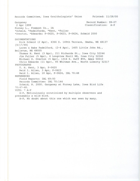 Records Committee review of a Garganey at Forney Lake in Fremont County, IA on April 2, 1999. Includes a record review document with votes, photos, and six documentation forms submitted to the committee.