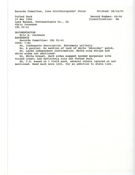 Records Committee review of a Tufted Duck at Lake Manawa in Pottawattamie County, IA on March 15, 1980. Includes a record review document with votes, internal correspondence about the sighting, and a documentation forms submitted to the committee.