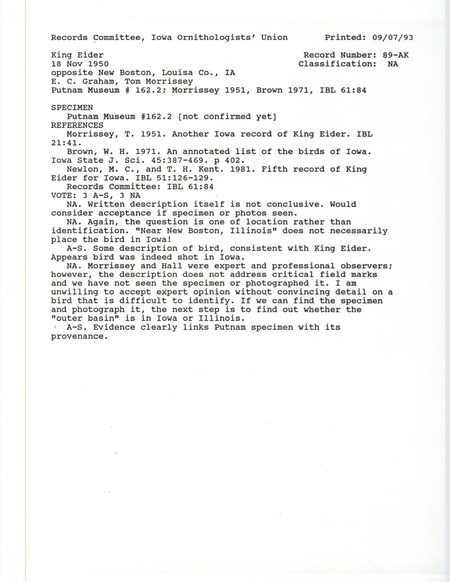 Records Committee review for King Eider near New Boston in Louisa County, IA on November 18, 1950. Includes a record review document with votes, the original sighting record found in the publication Another Iowa record of the King Eider in Iowa Bird Life 21:41 by Thomas Morrissey and referenced by another publication.