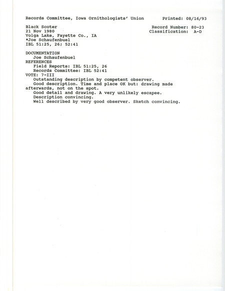 Records Committee review for a Black Scoter at Volga Lake in Fayette County, IA on November 21, 1980. Includes a record review document with votes, a letter from Tom Kent to Joe Schaufenbuel, and a documentation form submitted to the committee.