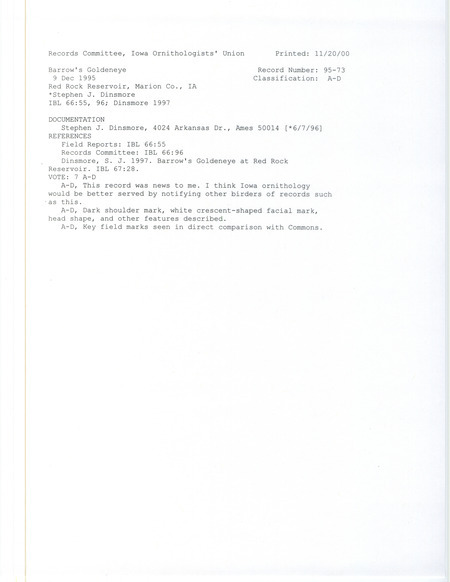 Records Committee review for a Barrow's Goldeneye at Red Rock Reservoir in Marion County, IA on December 9, 1995. Includes a record review document with votes, an article in Iowa Bird Life, and a documentation form submitted to the committee.