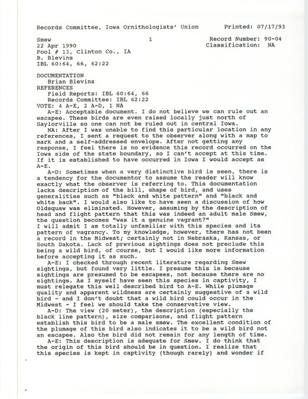 Records Committee review for a Smew at Pool #13 in Clinton County, IA and Carroll County, IL on April 22, 1990. Includes a record review document with votes and a documentation form submitted to the committee.