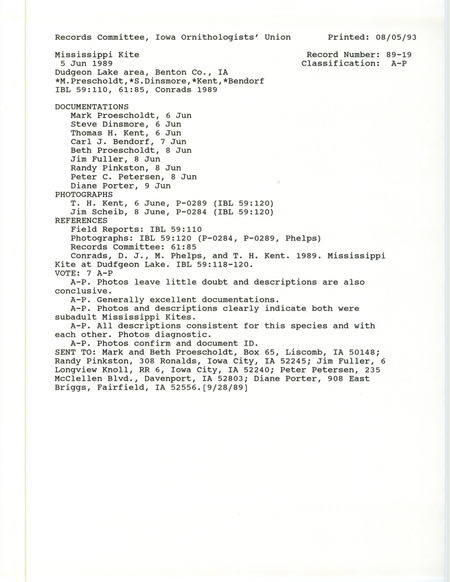 Records Committee review of a Mississippi Kite at Dudgeon Lake in Benton County, IA on June 6, 1989. Includes a record review document with votes, an article in Iowa Bird Life, three photographs, and nine documentation forms submitted to the committee.