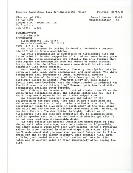 Records Committee review of a Mississippi Kite at Ledges State Park in Boone County, IA on May 13, 1990. Includes a record review document with votes and a documentation form submitted to the committee.
