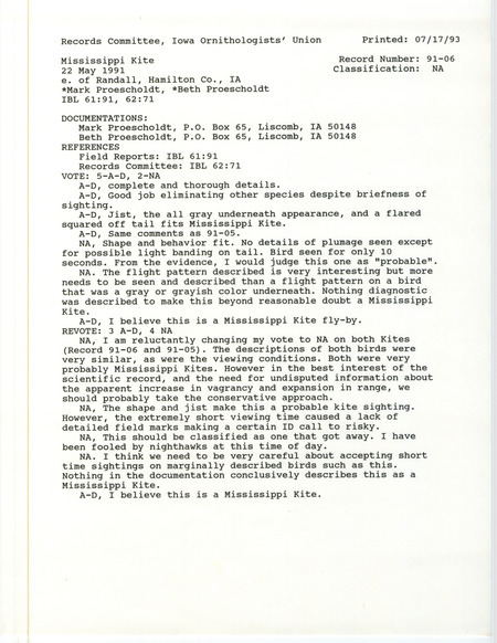 Records Committee review of a Mississippi Kite at east of Randall in Hamilton County, IA on May 22, 1991. Includes a record review document with votes and three documentation forms submitted to the committee.