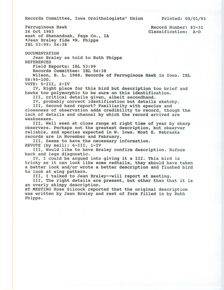 Records Committee review of a Ferruginous Hawk east of Shenandoah in Page County, IA on October 26, 1983. Includes a record review document with votes, an article in Iowa Bird Life, a summary of the review, and a documentation form submitted to the committee.