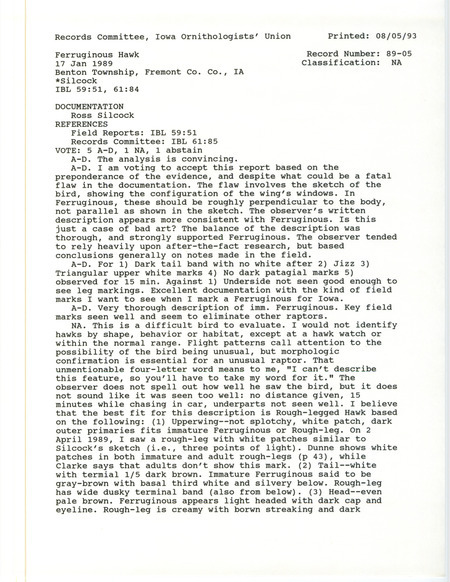 Records Committee review of a Ferruginous Hawk at Benton Township in Fremont County, IA on January 17, 1989. Includes a record review document with votes, field notes of the sighting, and a documentation form submitted to the committee.