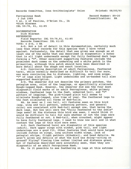 Records Committee review of a Ferruginous Hawk at Paulina in O'Brien County, IA on June 3, 1989. Includes a record review document with votes and a documentation form submitted to the committee.