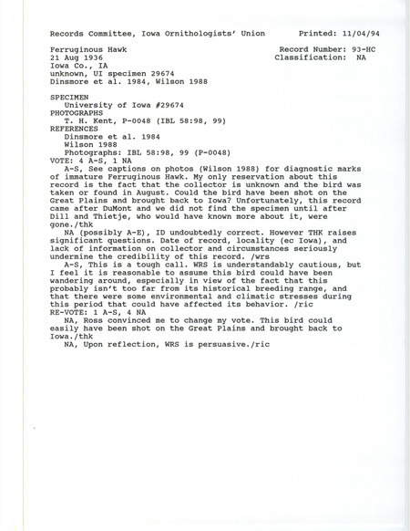 Records Committee review for a Ferruginous Hawk at Iowa County, IA on August 21, 1936. Includes a record review document with votes and the original sighting record found in the publication Records of Ferruginous Hawk in Iowa in Iowa Bird Life 58:95-100 by Barbara L. Wilson.