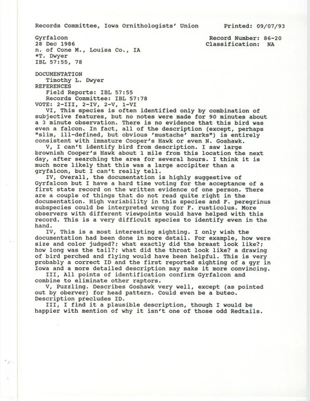 Records Committee review of a Gyrfalcon north of Cone March in Louisa County, IA on December 28, 1986. Includes a record review document with votes, a summary of the review, and a documentation form submitted to the committee.