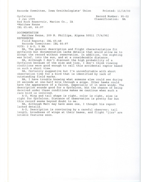 Records Committee review for a Gyrfalcon at Red Rock Reservoir in Marion County, IA on January 2, 1995. Includes a record review document with votes and a documentation form submitted to the committee.