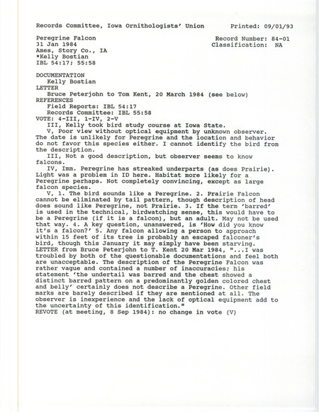 Records Committee review for a Peregrine Falcon at Ames in Story County, IA on January 31, 1984. Includes a record review document with votes, a summary of the review, and a documentation form submitted to the committee.