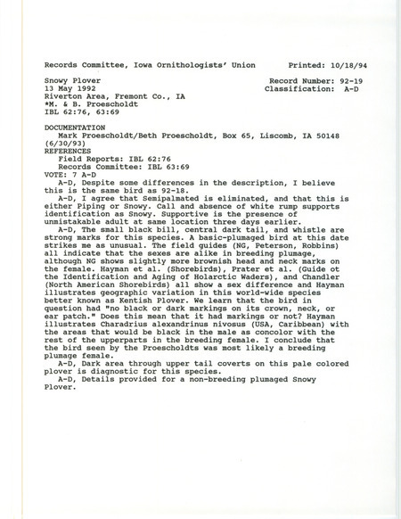 Records Committee review of a Snowy Plover at Riverton Wildlife Area in Fremont County, IA on May 13, 1992. Includes a record review document with votes and a documentation form submitted to the committee.