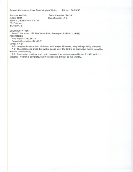 Records Committee review of two Black-necked Stilts at Storm Lake in Buena Vista County, IA on September 5, 1994. Includes a record review document with votes and a documentation form submitted to the committee.