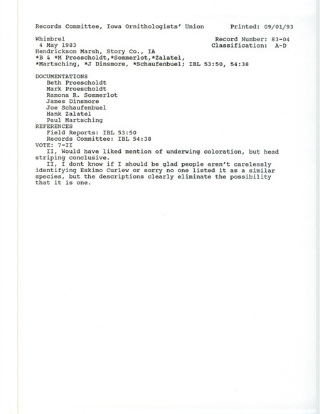 Records Committee review of a Whimbrel at Hendrickson March in Story County, IA on May 4, 1983. Includes a record review document with votes and seven documentation forms submitted to the committee.