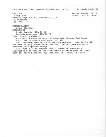 Records Committee review for a Red Knot at Union Slough National Wildlife Refuge in Kossuth County, IA on August 5, 1988. Includes a record review document with votes and a documentation form submitted to the committee.