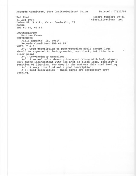 Records Committee review for a Red Knot at Union Slough National Wildlife Refuge in Kossuth County, IA on August 31, 1989. Includes a record review document with votes and a documentation form submitted to the committee.