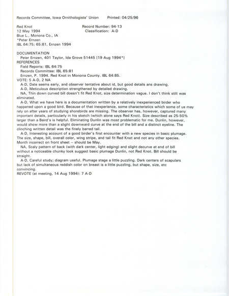 Records Committee review for a Red Knot at Blue Lake in Monona County, IA on May 12, 1994. Includes a record review document with votes, an article in Iowa Bird life, field notes from the sighting, and a documentation form submitted to the committee. The date is incorrectly recorded on the documentation form as April 12, 1994.