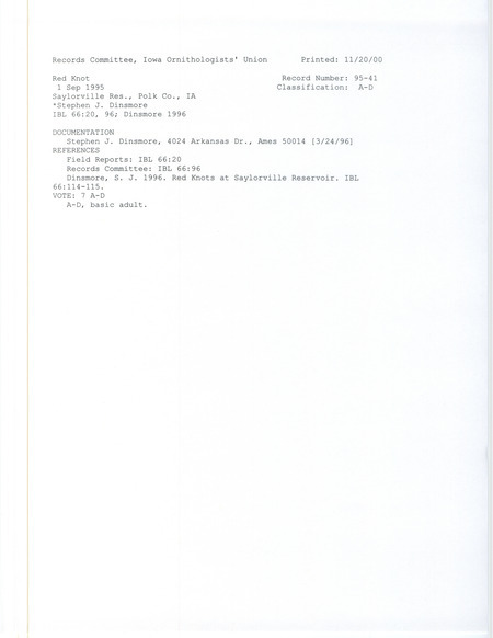 Records Committee review for a Red Knot at Saylorville Reservoir in Polk County, IA on September 1, 1995. Includes a record review document with votes, an article in Iowa Bird Life, and a documentation form submitted to the committee.