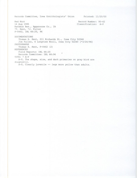 Records Committee review for a Red Knot at Island View Park at Rathbun Reservoir in Appanoose County, IA on August 14, 1995. Includes a record review document with votes, two photos, and two documentation forms submitted to the committee.