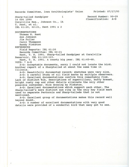 Records Committee review of a Sharp-tailed Sandpiper at Coralville Reservoir in Johnson County, IA on October 14, 1990. Includes a record review document with votes, two articles in Iowa Bird Life, and five documentation forms submitted to the committee.