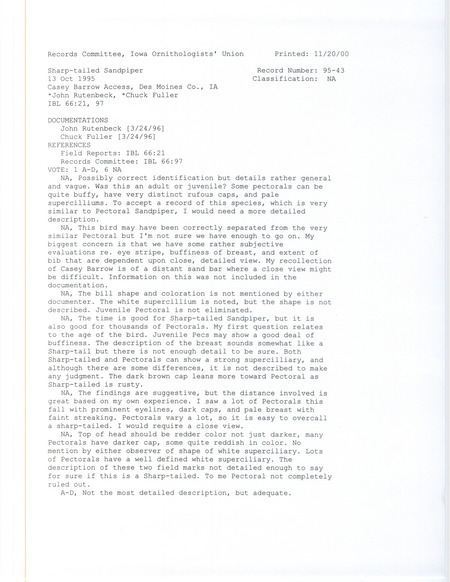 Records Committee review for a Sharp-tailed Sandpiper at Casey Barrow Access in Des Moines County, IA on October 13, 1995. Includes a record review document with votes and a documentation form with an appendix submitted to the committee.