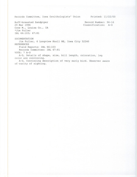 Records Committee review for a Buff-breasted Sandpiper at Cone March in Louisa County, IA on March 29, 1996 Includes a record review document with votes and a documentation form submitted to the committee.