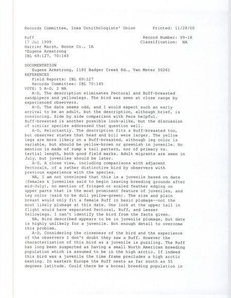 Records Committee review of a Ruff at Harrier March in Boone County, IA on July 17, 1999. Includes a record review document with votes and a documentation form submitted to the committee.