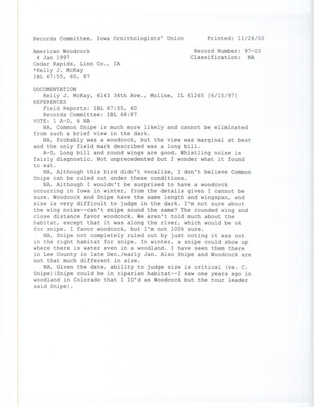 Records Committee review for an American Woodcock at Cedar Rapids in Linn County, IA on January 4, 1997. Includes a record review document with votes and a documentation form submitted to the committee.