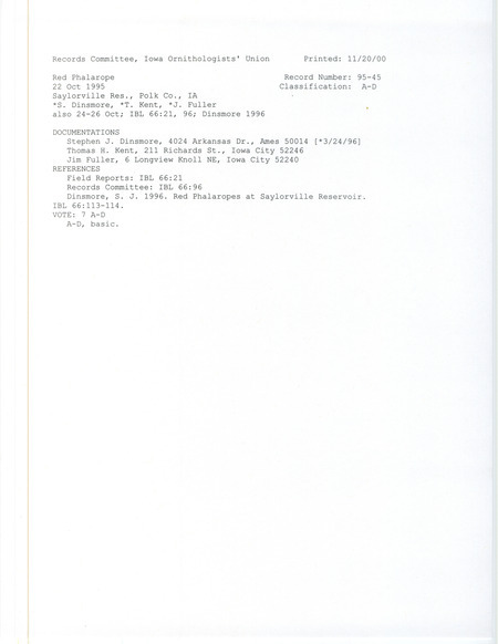 Records Committee review for a Red Phalarope at Saylorville Reservoir in Polk County, IA on October 22, 1995. Includes a record review document with votes, an article in Iowa Bird Life, and three documentation forms submitted to the committee.