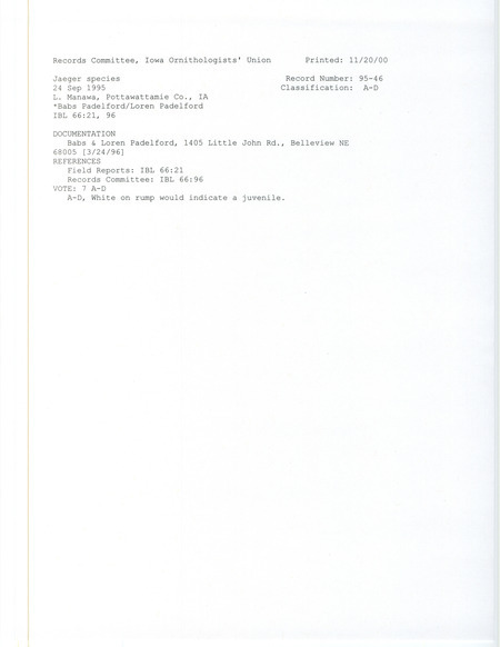 Records Committee review of a Jaeger species bird at Lake Manawa in Pottawattamie County, Iowa in September 24, 1995. Includes a record review document with votes and a documentation form submitted to the committee.