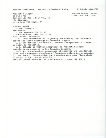 Records Committee review of a Parasitic Jaeger at Saylorville Reservoir in Polk County, IA on September 29, 1988. Includes a record review document with votes and a documentation form submitted to the committee.