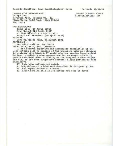 Records Committee review for a Black-headed Gull at Riverton State Wildlife Management Area in Fremont County, IA on April 26, 1981. Includes a record review document with votes, summary of the review, correspondence from Barb Wilson to Tom Kent about the sighting, and four documentation forms submitted to the committee.
