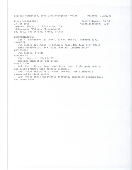 Records Committee review for a Black-headed Gull at Jemmerson Slough in Dickinson County, IA on June 23, 1996. Includes a record review document with votes, a photograph, and three documentation forms submitted to the committee.