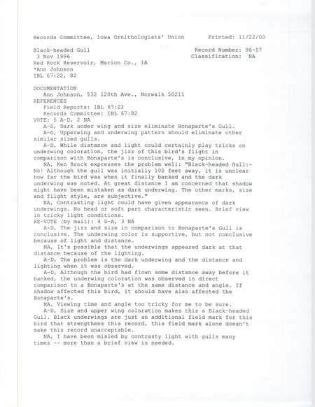Records Committee review for a Black-headed Gull at Red Rock Reservoir in Marion County, IA on November 3, 1996. Includes a record review document with votes and a documentation form submitted to the committee.