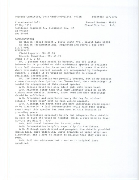 Records Committee review for a Black-headed Gull at Kettleson Hogsback Area in Dickinson County, IA on May 17, 1998. Includes a record review document with votes, a field report, and a documentation form submitted to the committee.