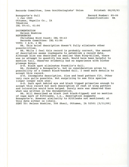 Records Committee review for a Bonaparte's Gull at Ottumwa in Wapello County, IA on January 1, 1989. Includes a record review document with votes and a documentation form submitted to the committee.