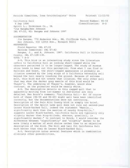 Records Committee review for a California Gull at Mini-Wakan State Park in Dickinson County, IA on September 6, 1996. Includes a record review document with votes, an article in Iowa Bird Life, and a documentation form submitted to the committee.