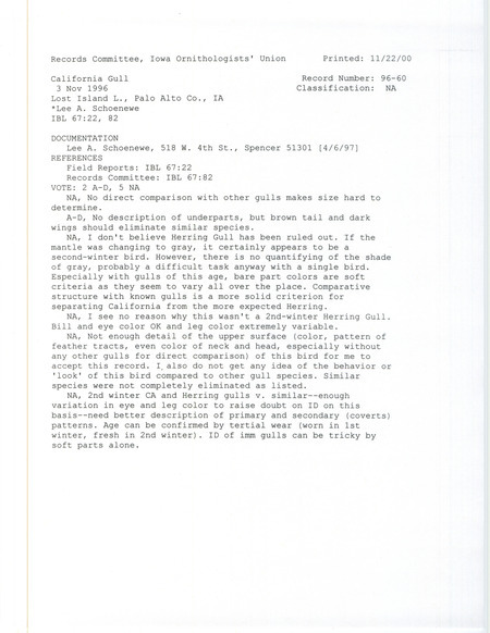 Records Committee review for a California Gull at Lost Island Lake in Palo Alto County, IA on November 3, 1996. Includes a record review document with votes and a documentation form submitted to the committee.